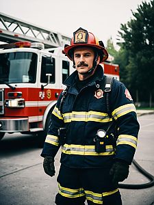 Man in Firefighter Costume Editorial Cosplay Photography with Fire Truck