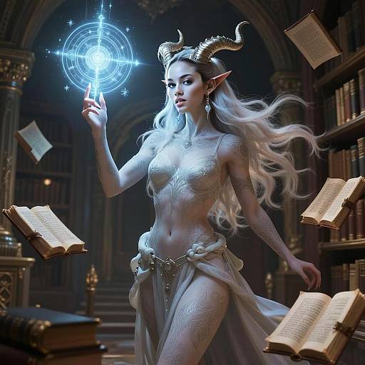 Fantasy Sorceress with Horns Casting Magic in Enchanted Library