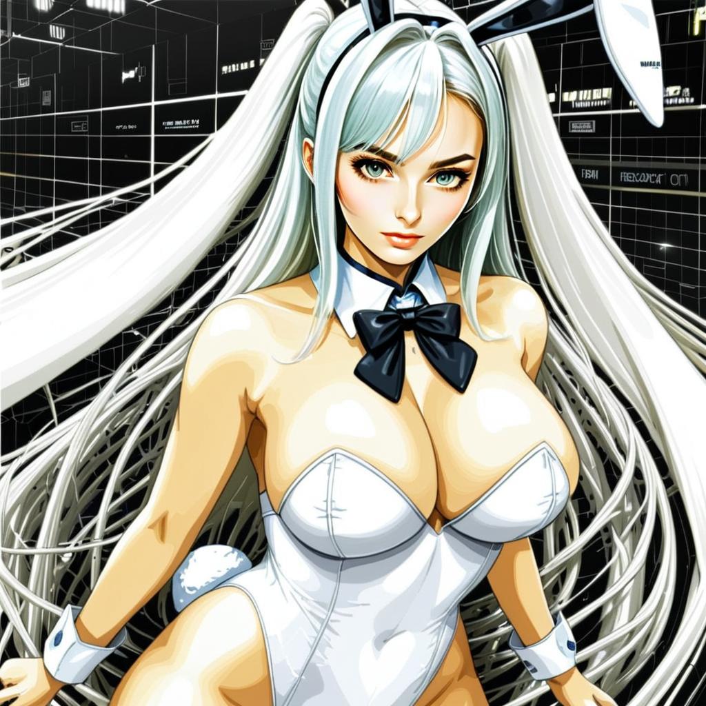 Anime Woman in White Bunny Suit with Long Hair Digital Artwork