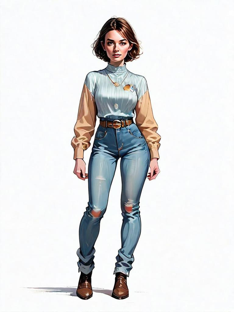 Realistic Comic Style Full-Body Illustration of Woman in Casual Outfit