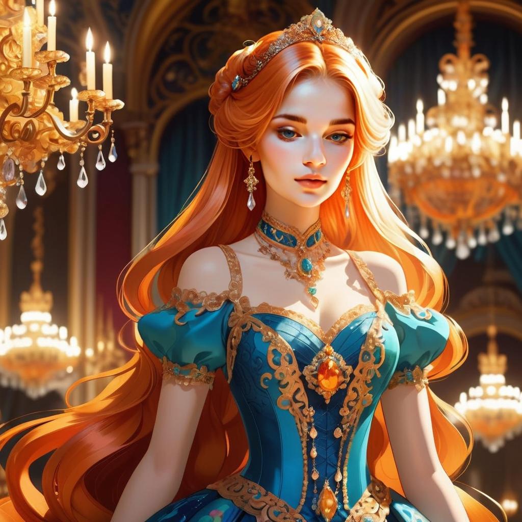 Elegant Woman in Opulent Gown with Vibrant Orange Hair