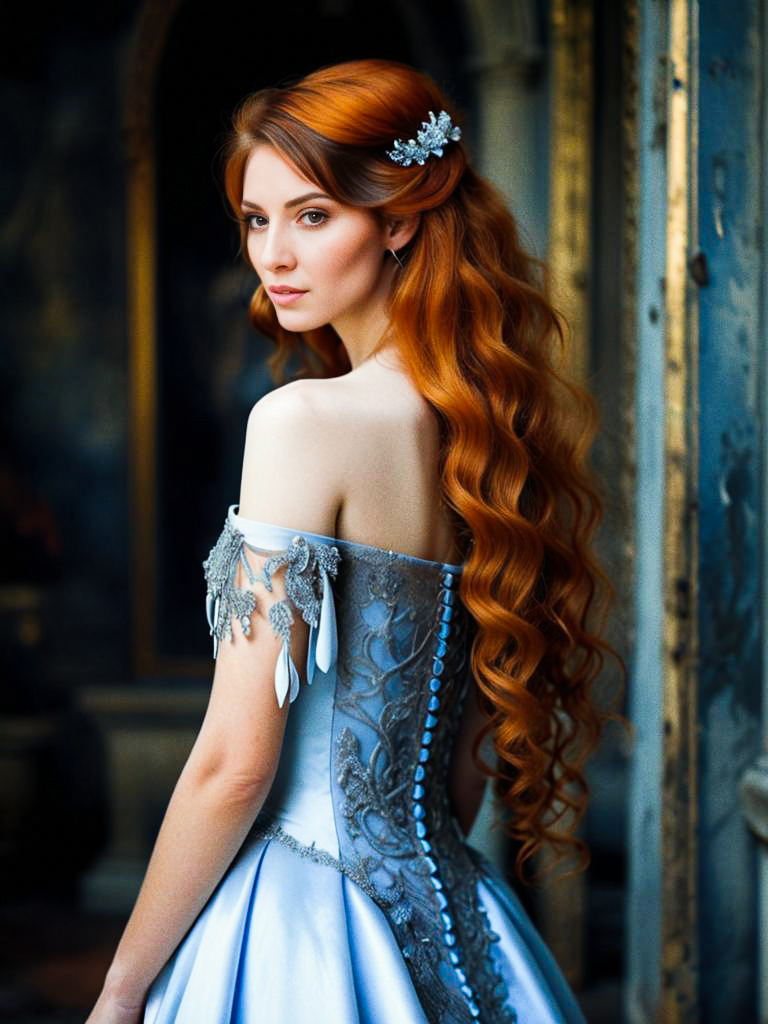 Enchanting Woman in Blue Gown with Red Hair