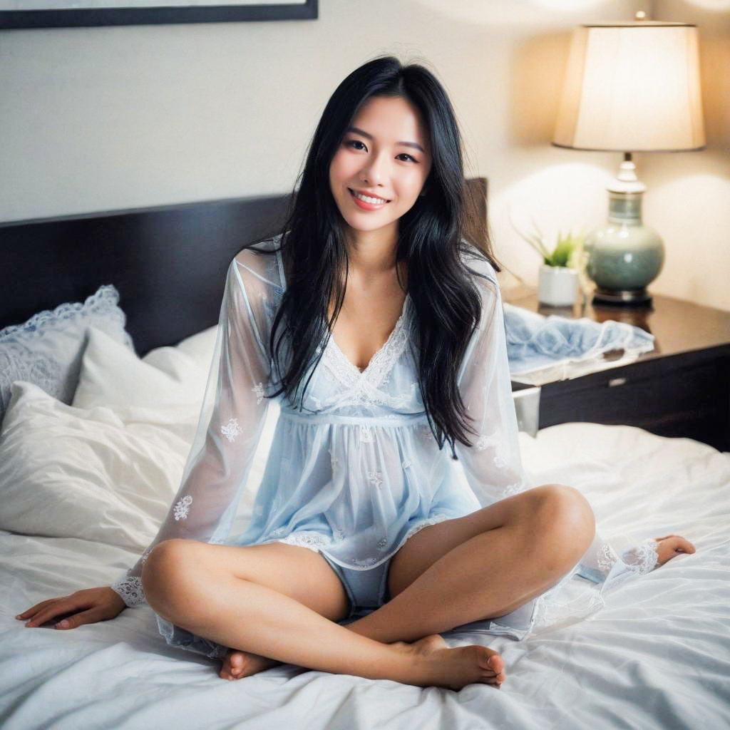 Young Woman in Lace Nightgown in Cozy Bedroom Young Woman in Lace Nightgown in Cozy Bedroom