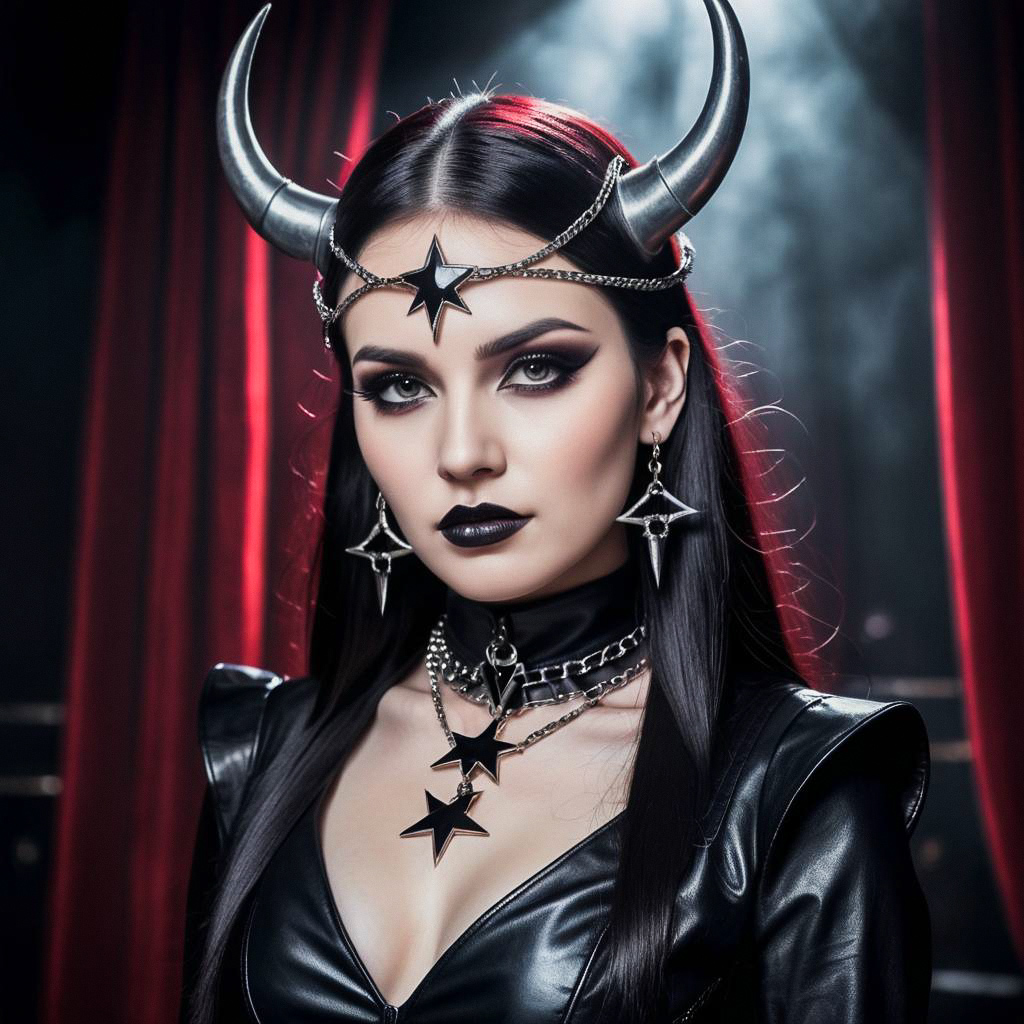 Gothic Woman in Black Leather with Horns and Star Jewelry Gothic Woman in Black Leather with Horns and Star Jewelry