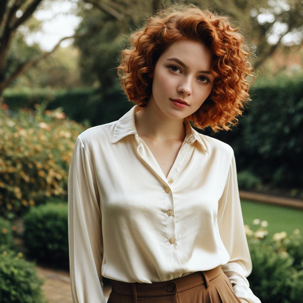 Portrait of Woman with Curly Red Hair in Satin Blouse Outdoors