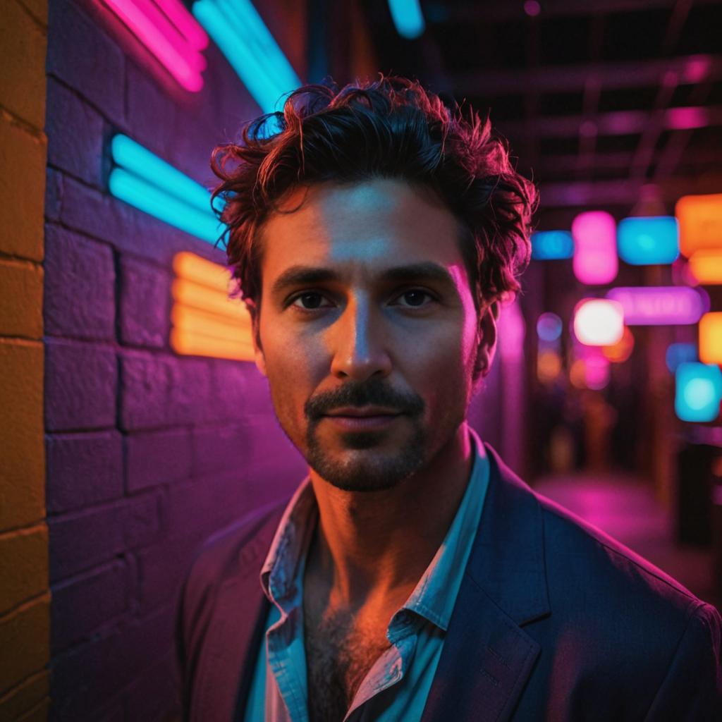 Vibrant Portrait of a Man Under Neon Lights