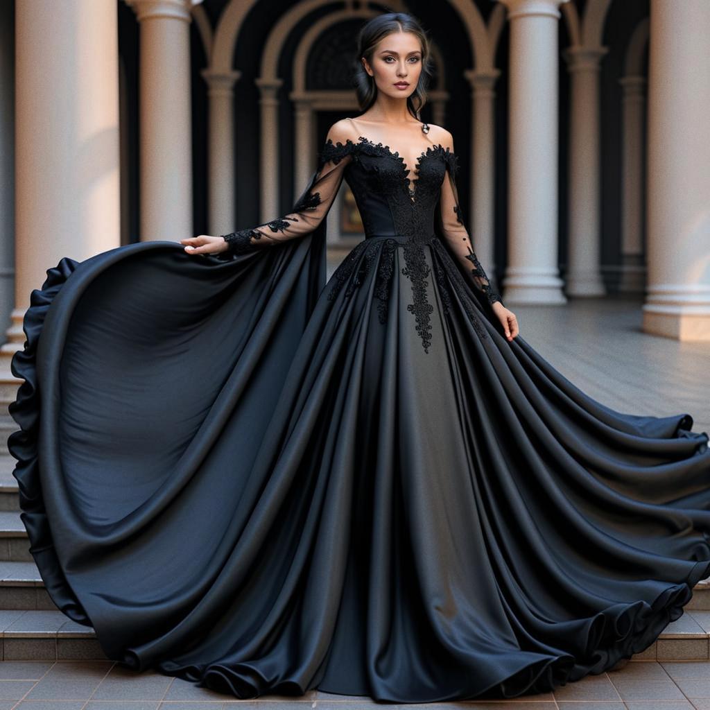 Elegant Woman in Black Dress with Lace Details