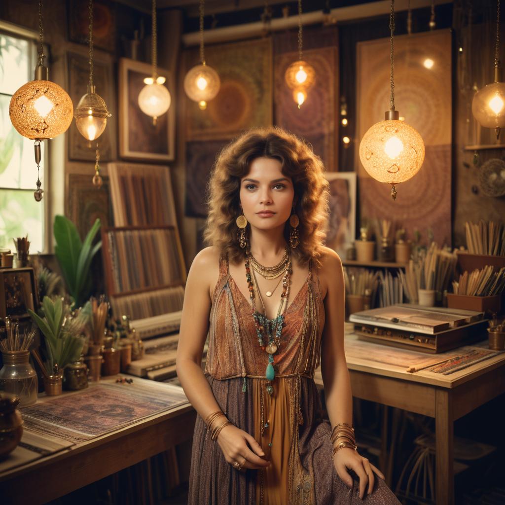 Elegant Woman in Bohemian Outfit with Curly Hair