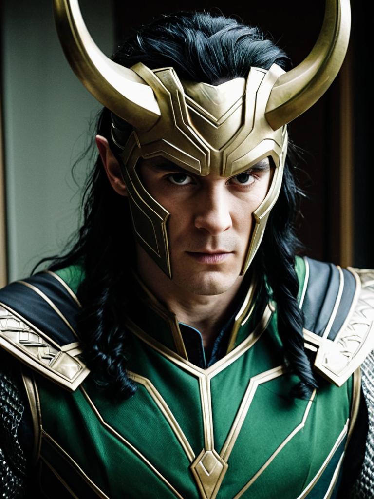 Classic Loki Costume with Horned Helmet and Green Armor