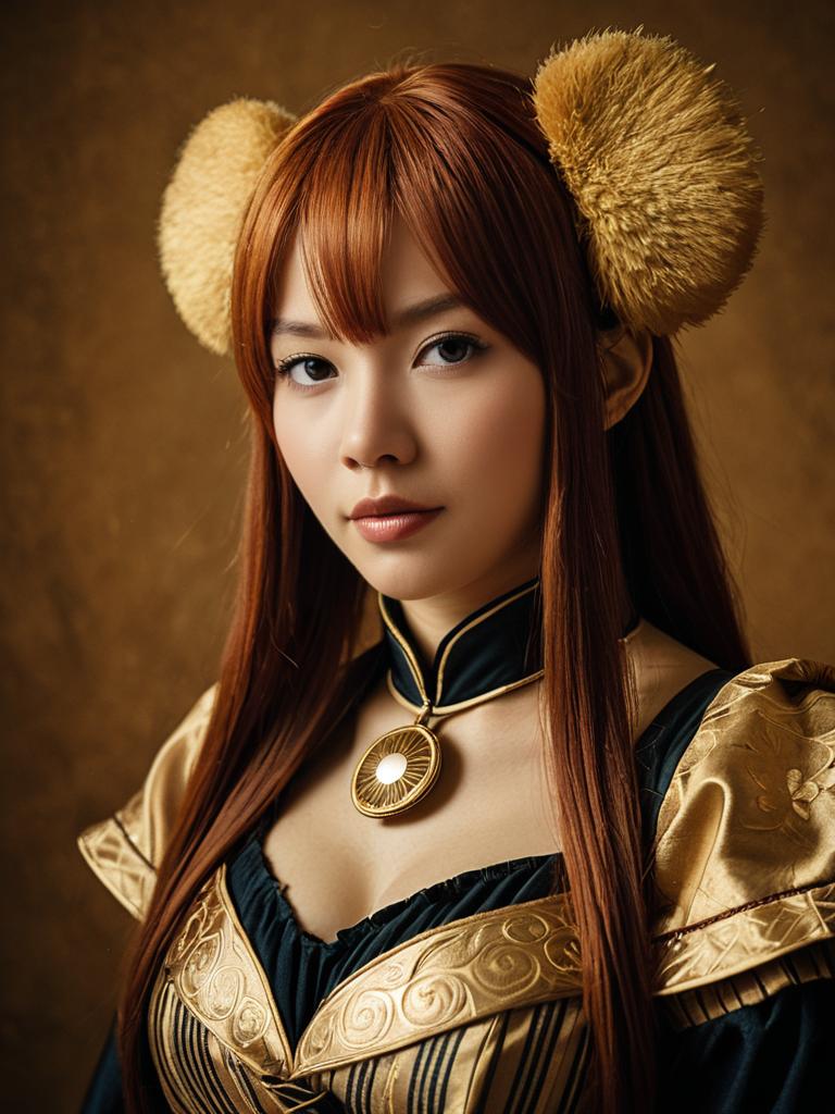 Realistic Nanaba Costume Cosplay Woman in Gold and Black Outfit with Fluffy Ears