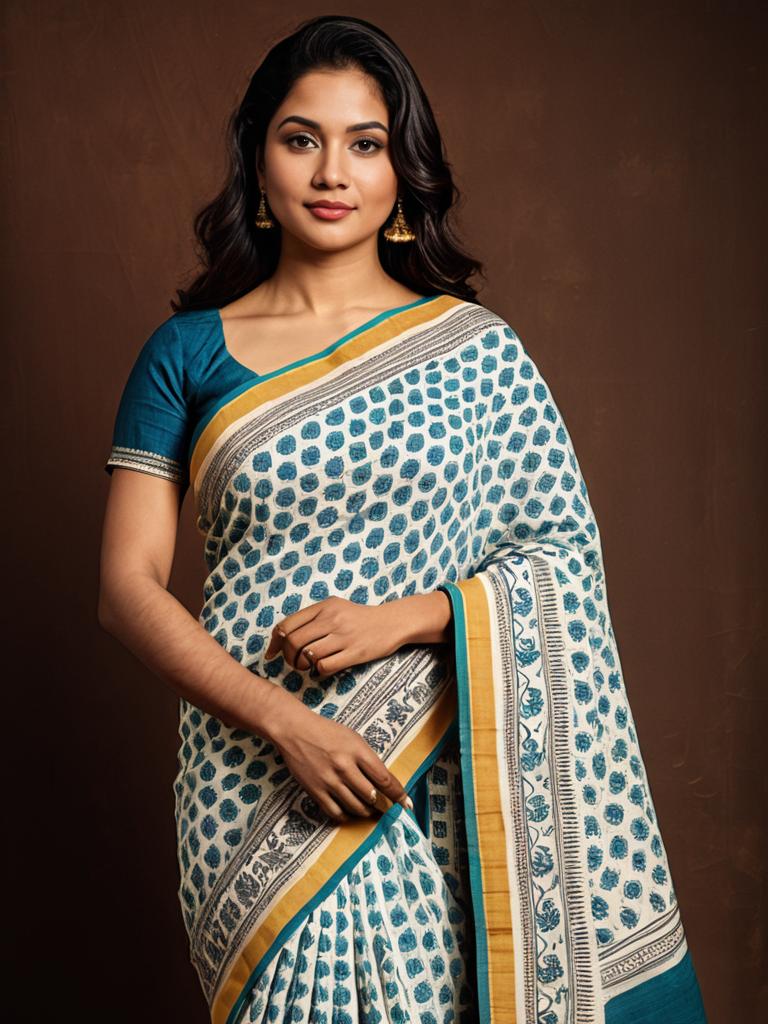 Woman in Malmal Cotton Saree with Blue Block Print - Photorealistic Studio Portrait