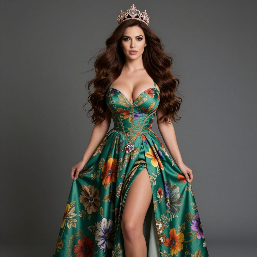 Elegant Woman in Green Floral Gown with Tiara and High Slit Dress
