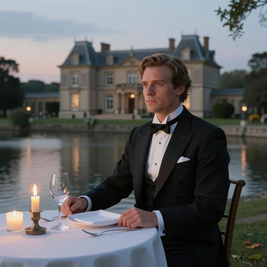 Man in Tuxedo Dining by Lake at Elegant Mansion Evening