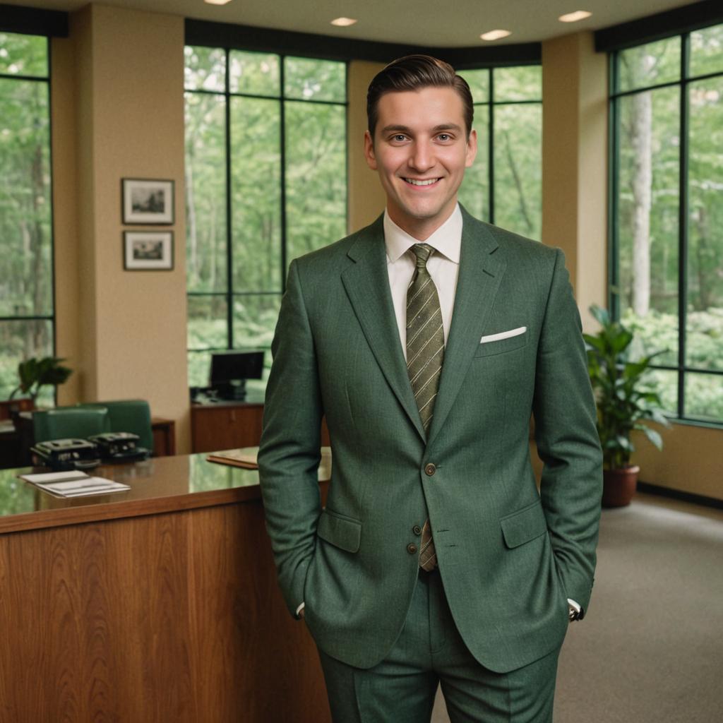 Confident Man in Artistic Green Suit in Office