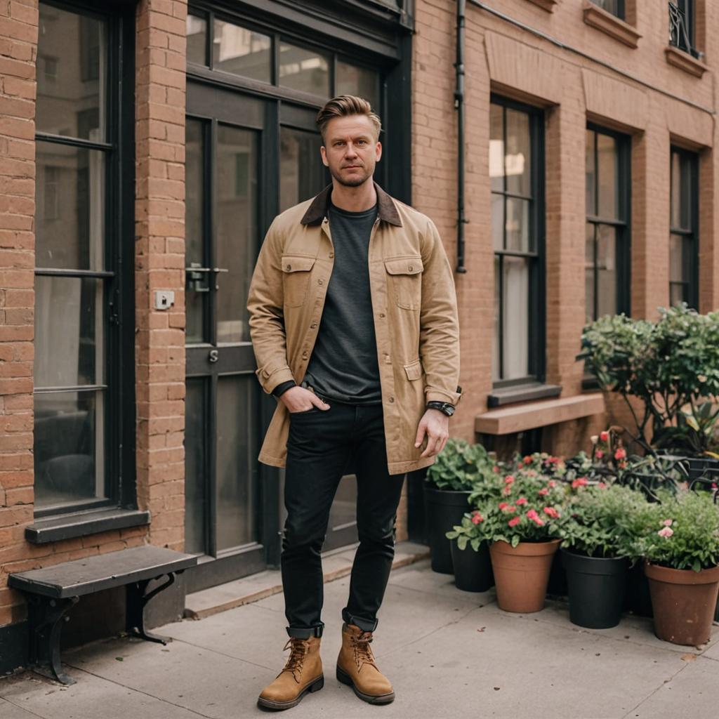 Stylish Man in Urban Setting with Beige Jacket