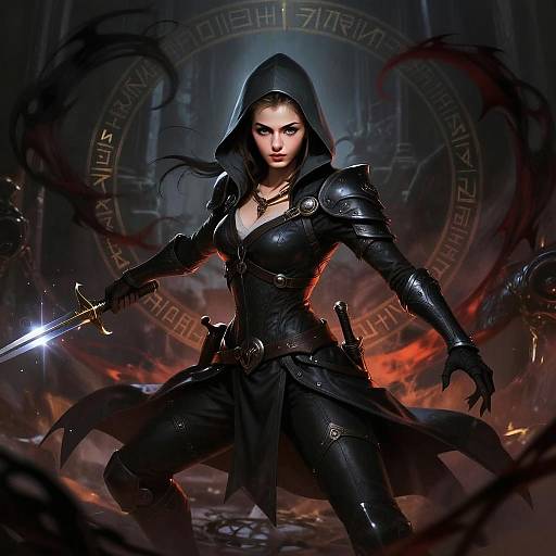 Fierce Woman Warrior in Black Armor with Glowing Sword in Fantasy Setting