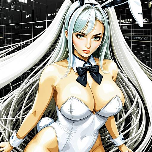 Anime Woman in White Bunny Suit with Long Hair Digital Artwork