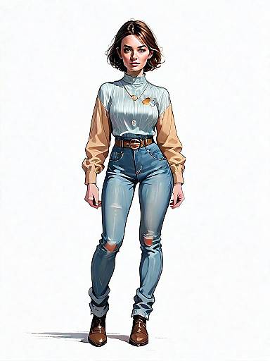 Realistic Comic Style Full-Body Illustration of Woman in Casual Outfit