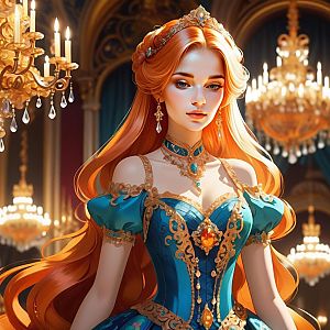 Elegant Woman in Opulent Gown with Vibrant Orange Hair