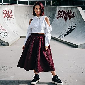 Stylish Woman in Urban Skate Park Wearing Quilted Skirt and Cold-Shoulder Shirt