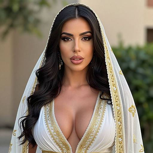 Elegant Woman in White and Gold Traditional Embroidered Garment