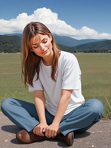 Peaceful Young Woman Sitting Outdoors in Countryside Landscape