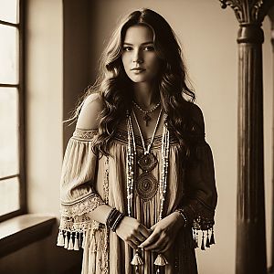 Woman in Bohemian Dress by Window