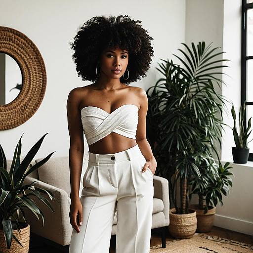 Stylish Woman in White Crop Top and Trousers Posing Indoors with Plants