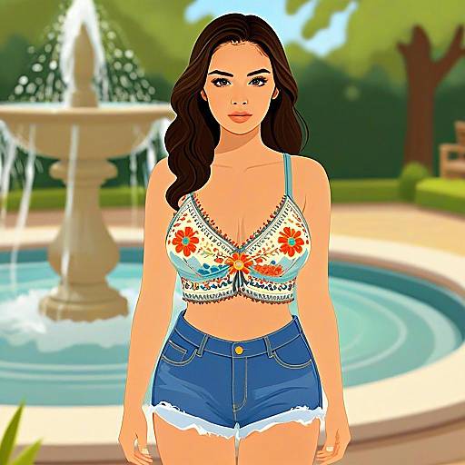 Stylish Young Woman in Embroidered Crop Top and Denim Shorts by Fountain Digital Illustration