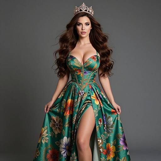 Elegant Woman in Green Floral Gown with Tiara and High Slit Dress