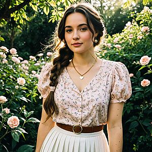 Young Woman in Floral Blouse in Lush Garden