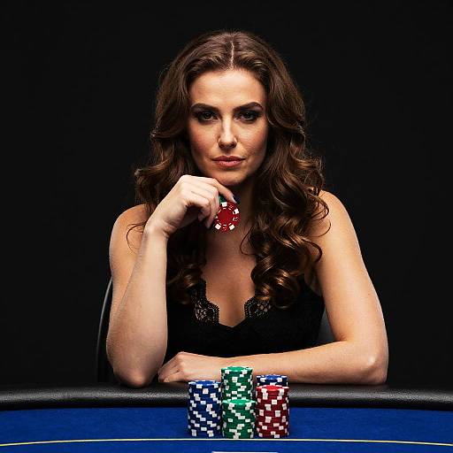 Confident Woman Playing Poker with Chips at Casino Table