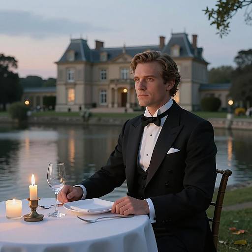 Man in Tuxedo Dining by Lake at Elegant Mansion Evening