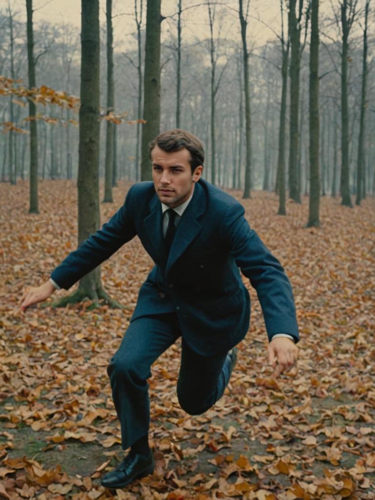 Dynamic Man in Suit in Autumn Forest