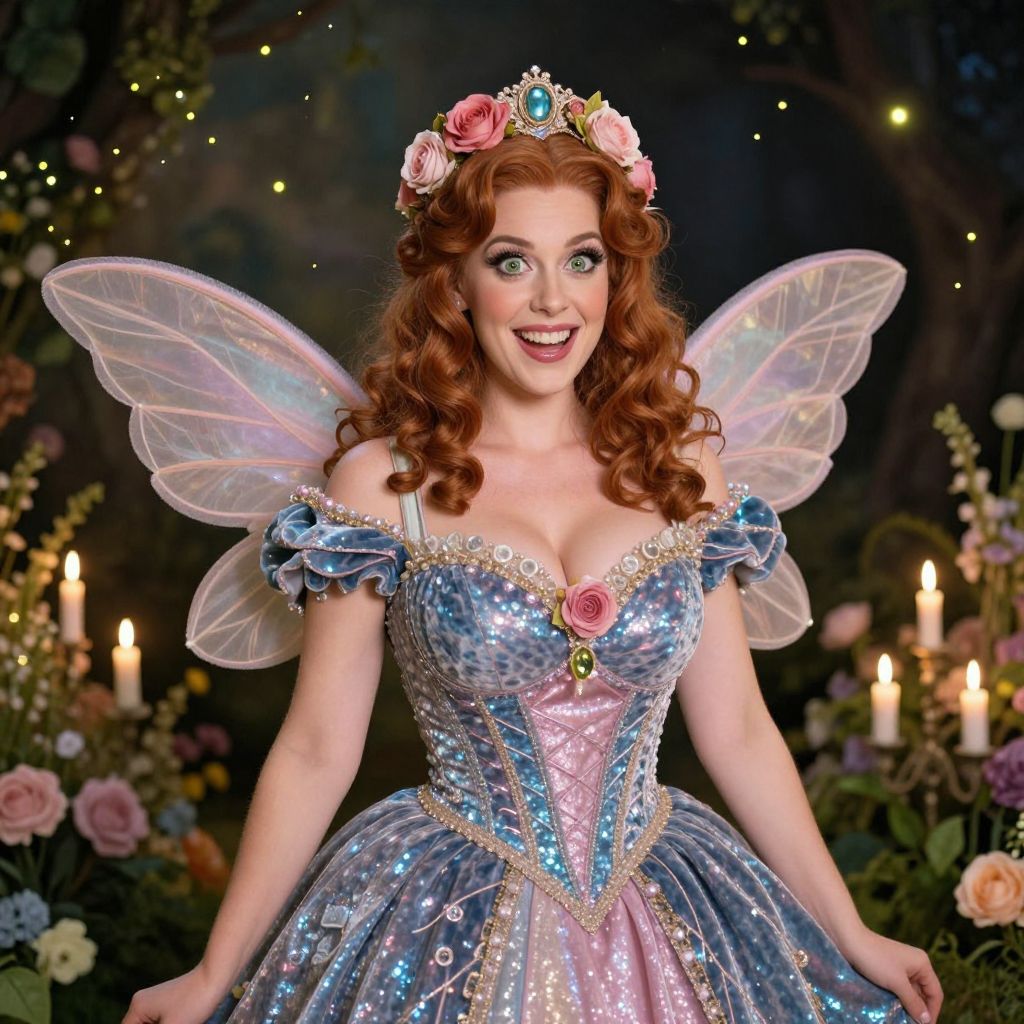 Fairy Princess Woman in Sparkling Blue Pink Corset Dress with Wings