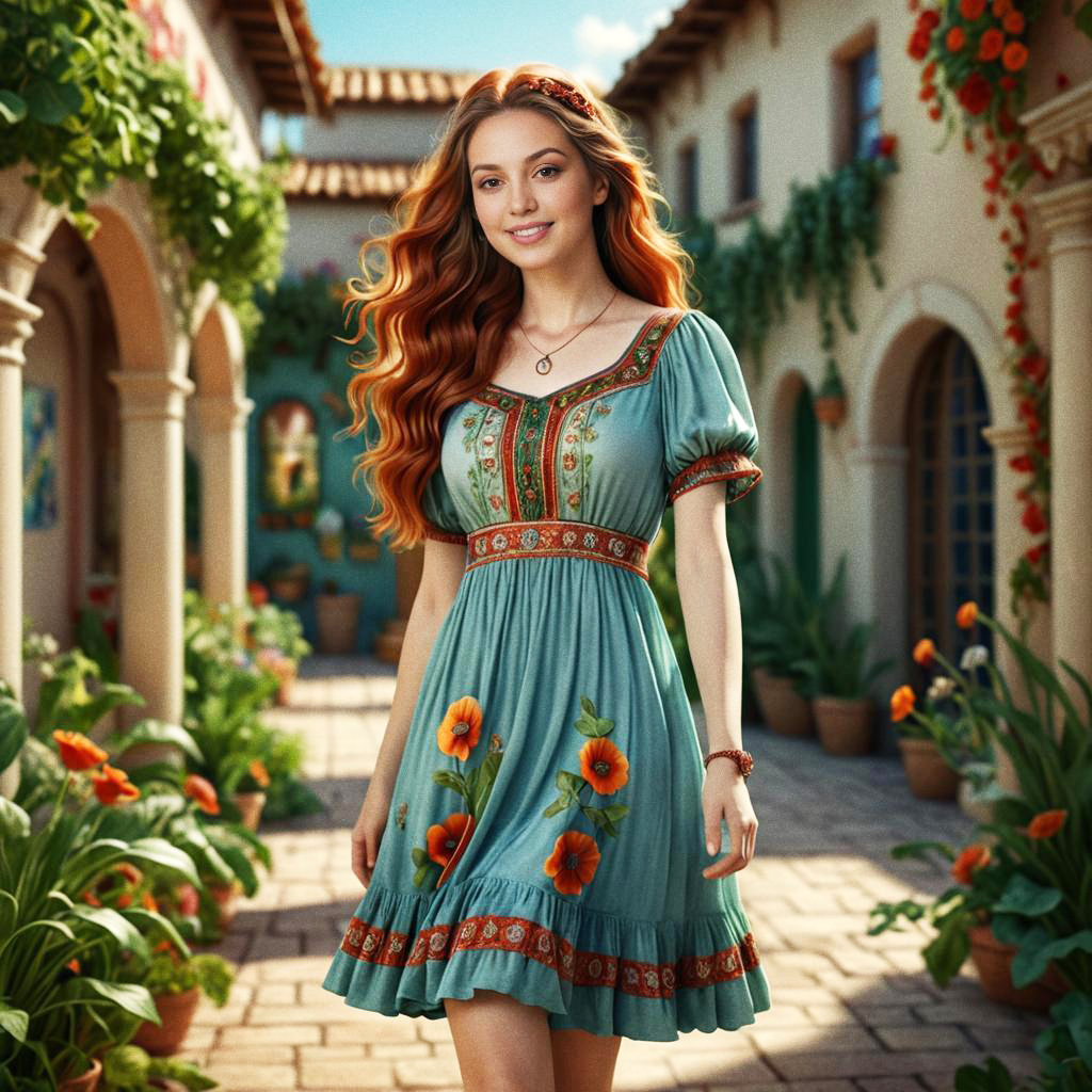 Young Woman in Embroidered Dress in Vibrant Courtyard