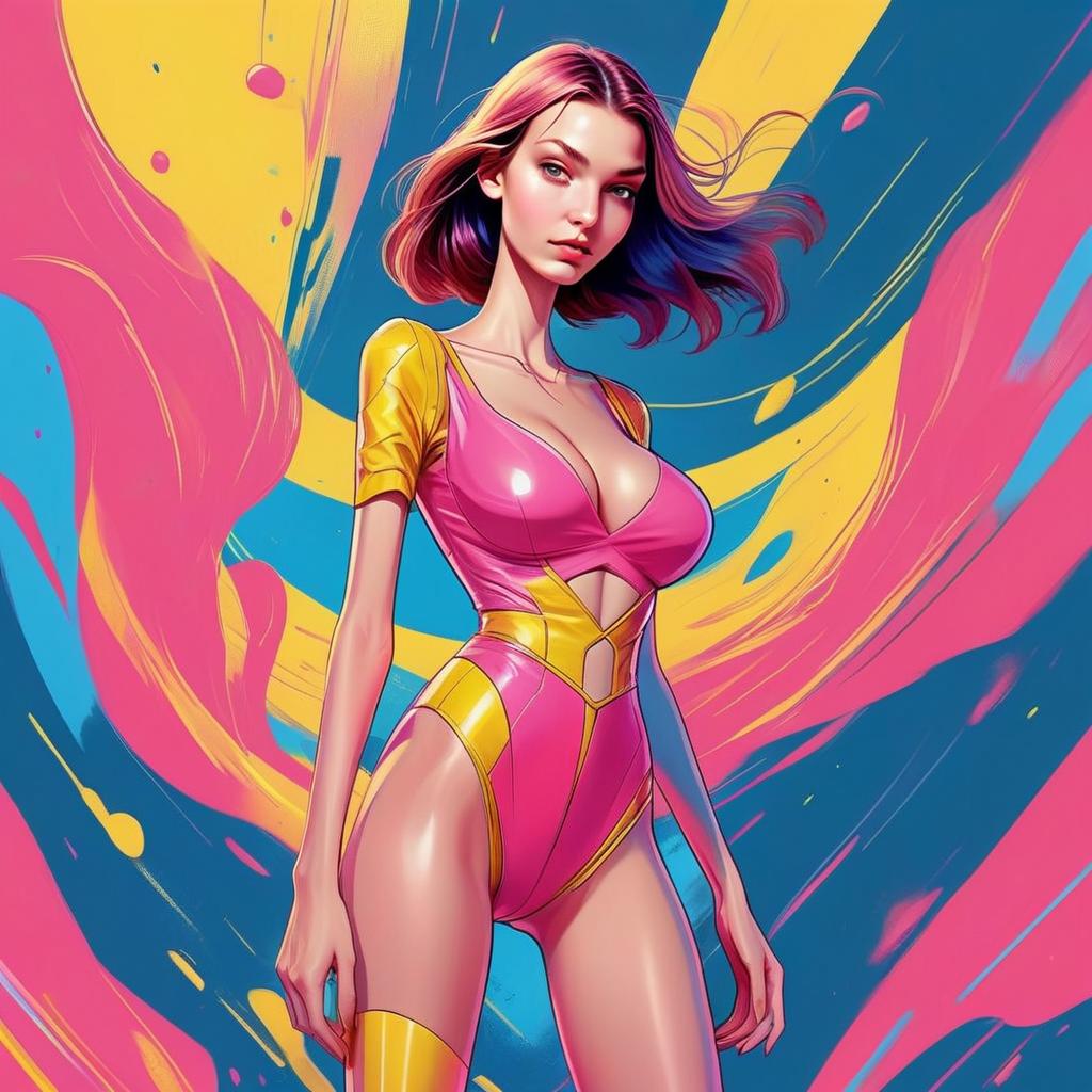 Confident Woman in Futuristic Outfit Against Abstract Background