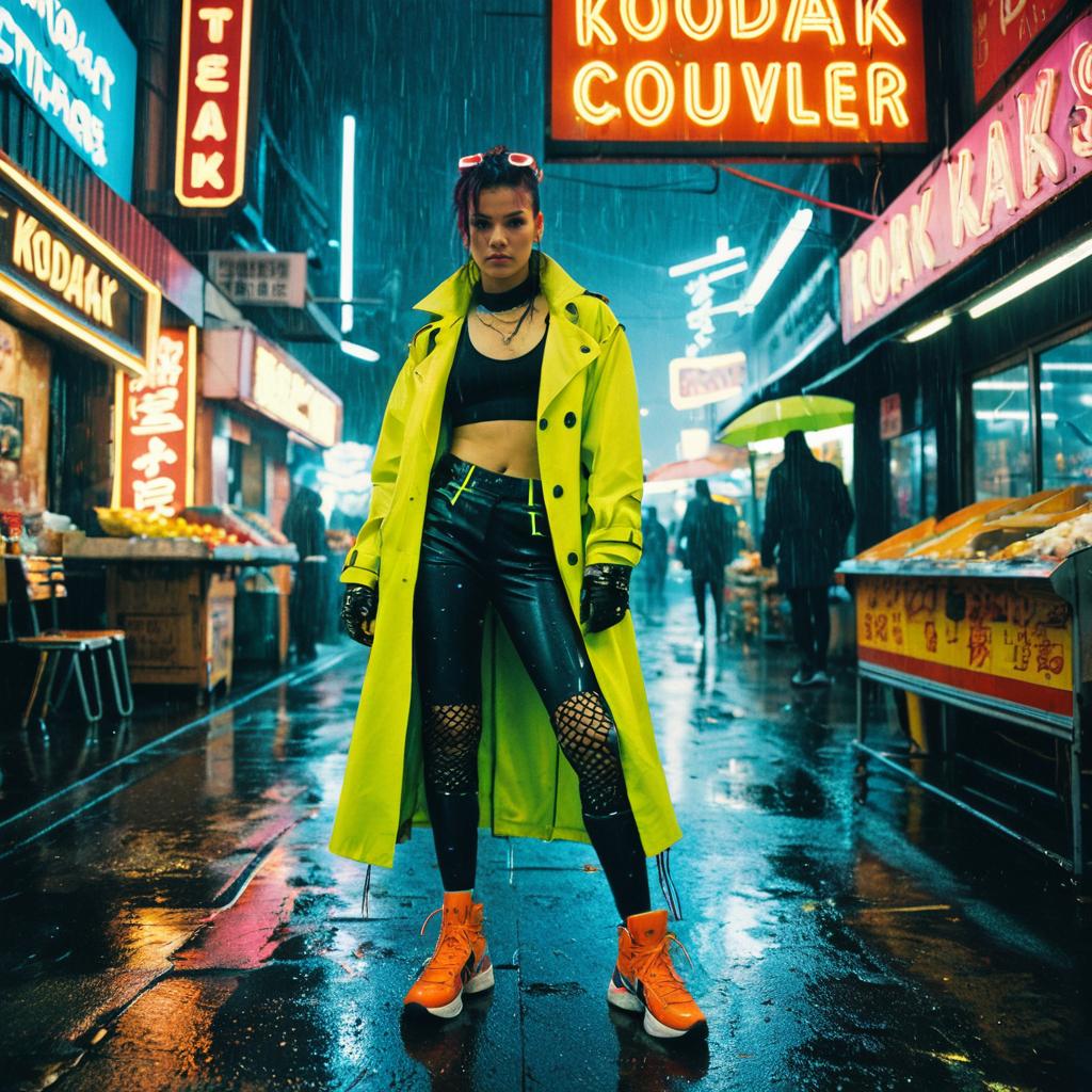 Stylish Woman in Yellow Trench Coat in Neon Cyberpunk City Street