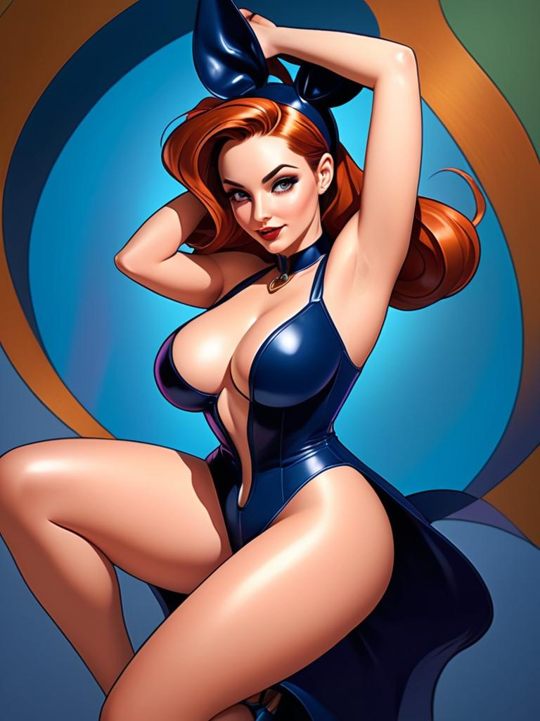 Digital Pin-Up Art of Woman in Blue Bunny Costume
