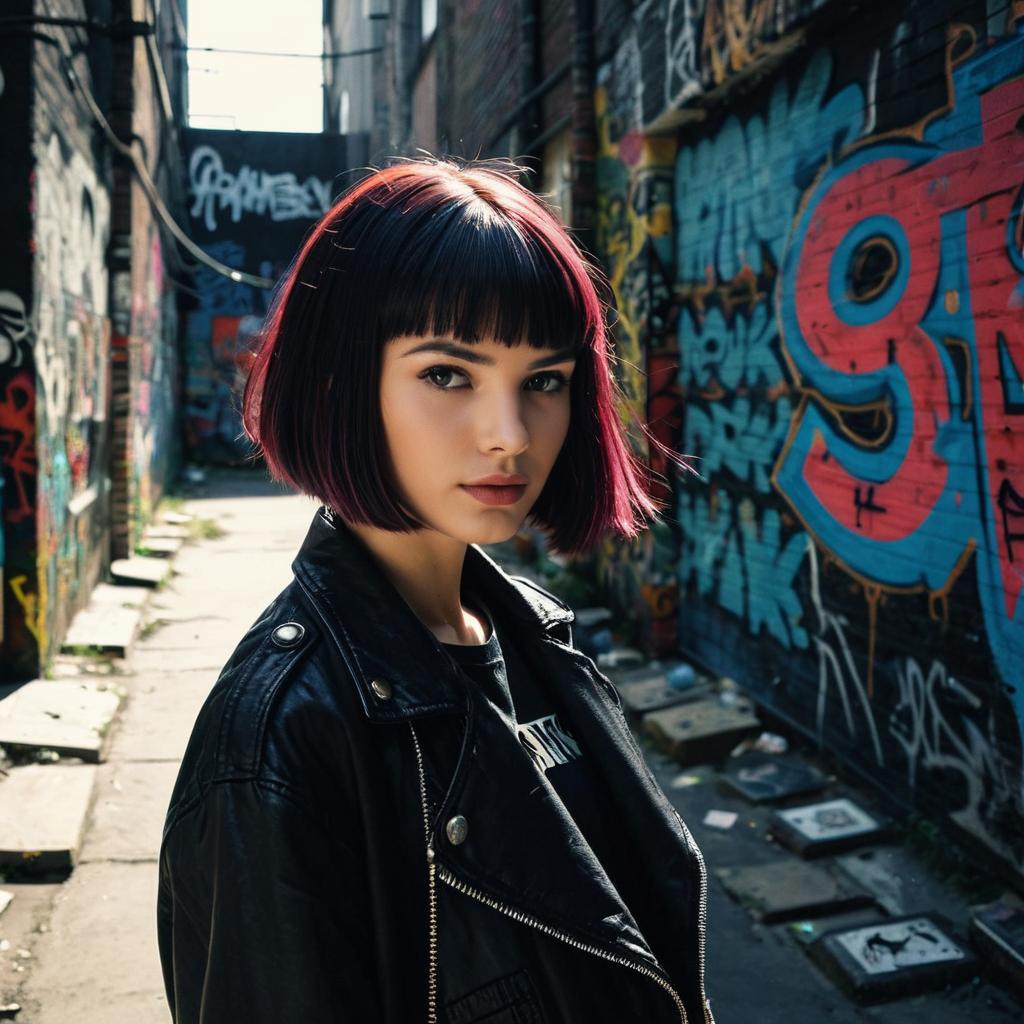 Young Woman in Black Leather Jacket with Bob Haircut in Graffiti Alley