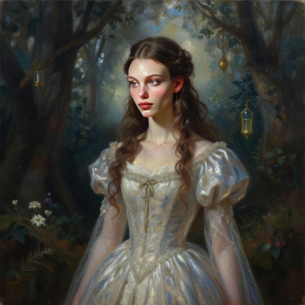 Elegant Young Woman in Vintage White Gown Forest Portrait