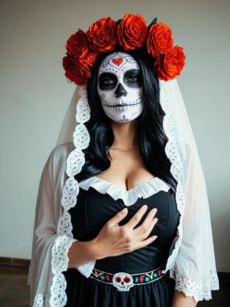 Woman in La Muerte Costume with Day of the Dead Face Paint and Red Flower Crown