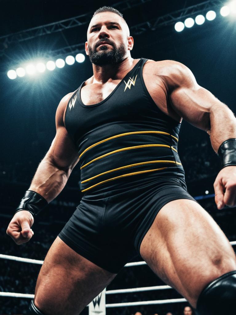Muscular Man in WWE Fighter Costume in Wrestling Ring Cinematic Low Angle