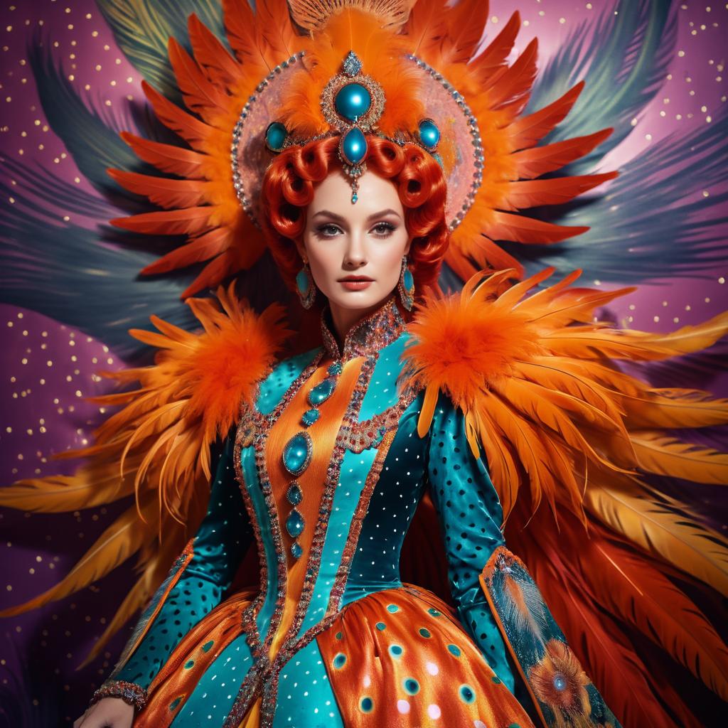 Vibrant Woman in Colorful Costume with Feathers