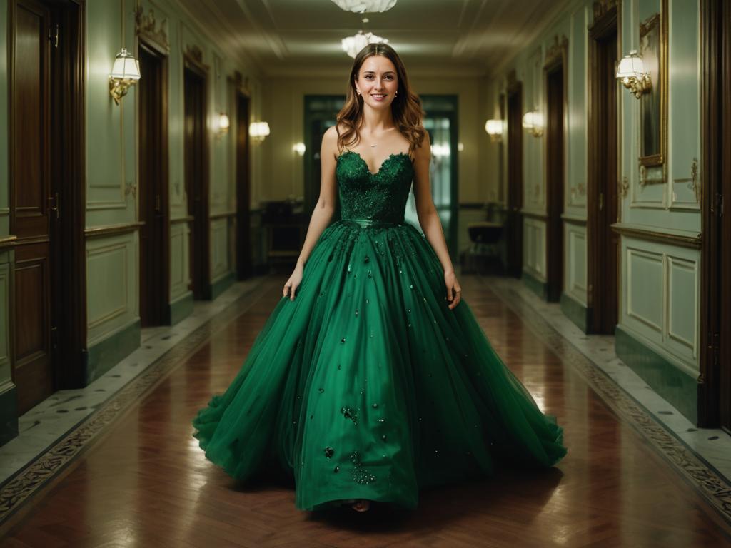 Poised Woman in Luxurious Green Ball Gown