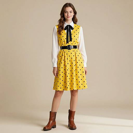Young Woman Wearing Yellow Polka Dot Dress with Black Belt and Brown Boots