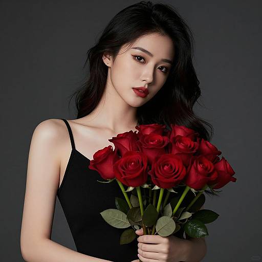 Elegant Woman Holding a Bouquet of Red Roses in Black Dress