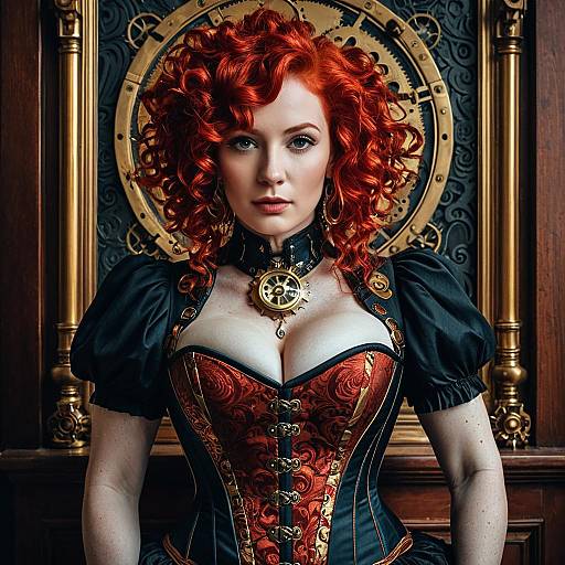 Red-Haired Woman in Intricate Steampunk Corset with Vintage Clockwork Background
