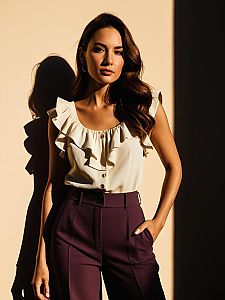 Stylish Woman in Cream Ruffled Blouse and Purple Trousers Fashion Portrait