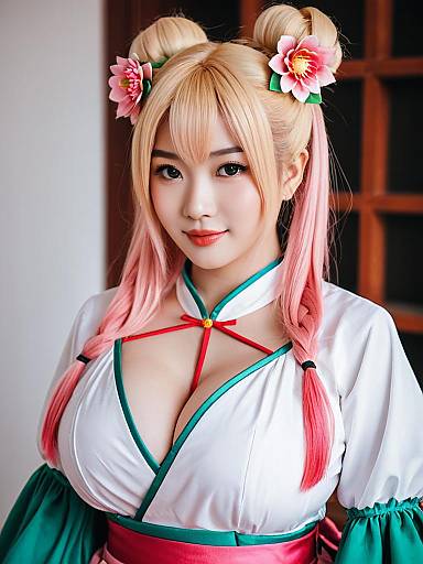 Momosuzu Nene Cosplay Woman Blonde Pink Hair Detailed Costume